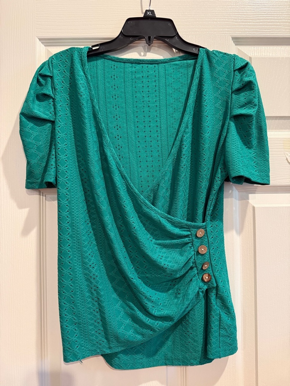 Green Eyelet Wrap-Style Top with Button Detail
